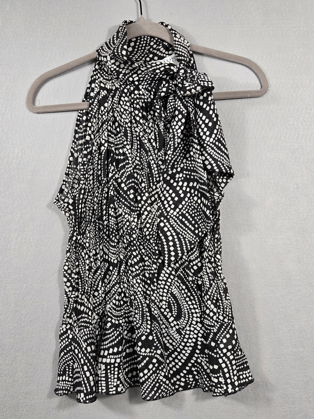 Allison Taylor Black & White Geometric High-Neck Tie Blouse